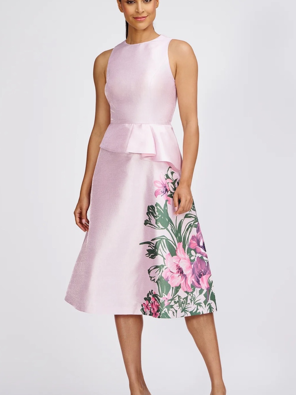 Kay Unger Isabella Blush Pink Floral Peplum Midi Dress Size 6 NWT